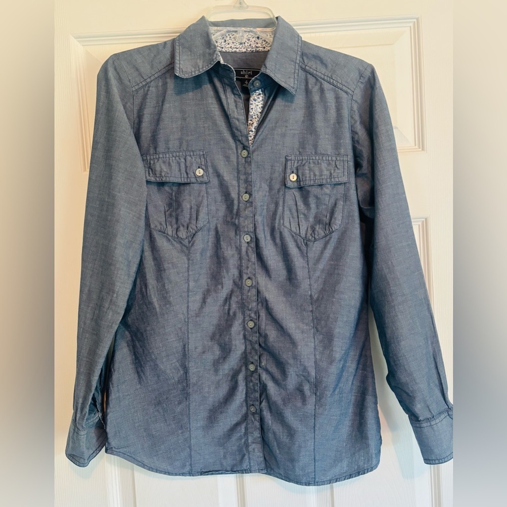The Shirt by Rochelle Behrens Long Sleeve Blue Grey Button Up Blouse Shirt 4